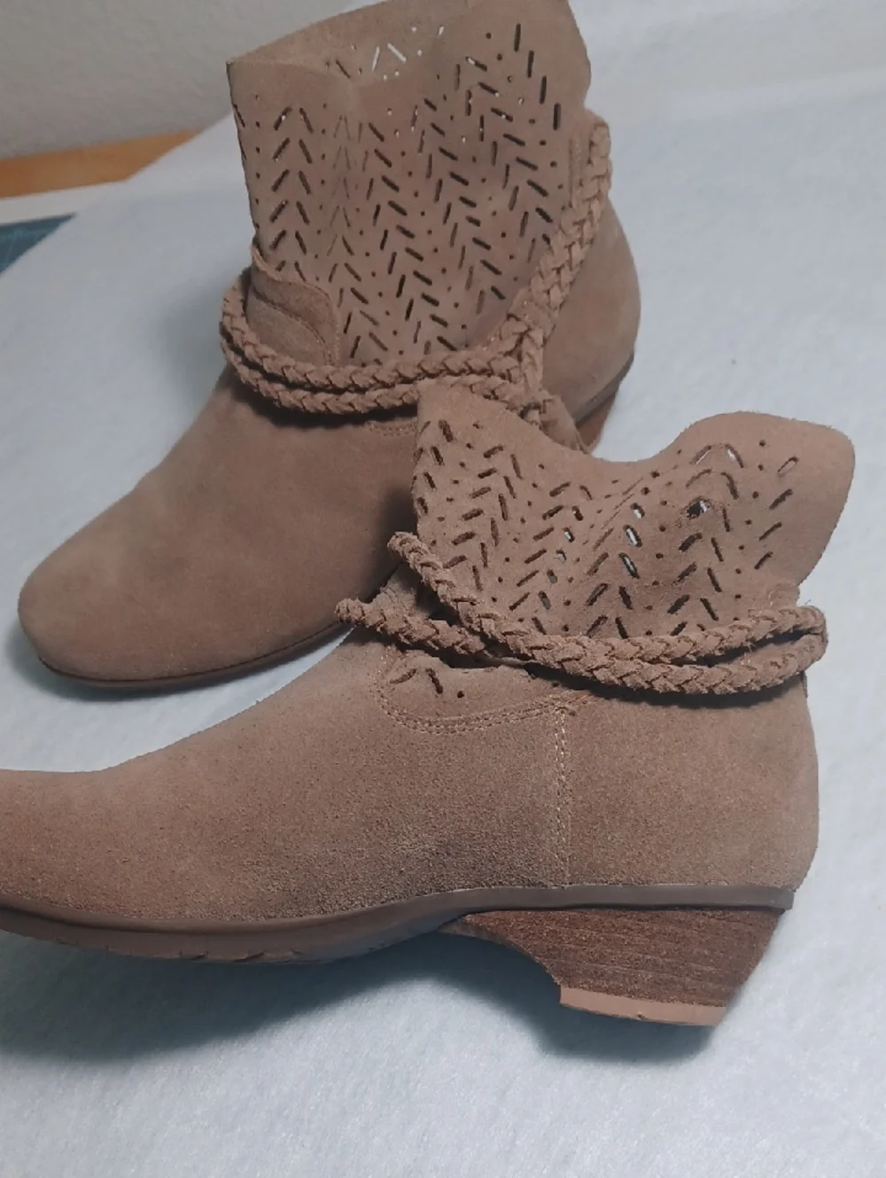 Abeo Taupe Suede Braided Cuff Ankle Booties - Picture 2 of 4